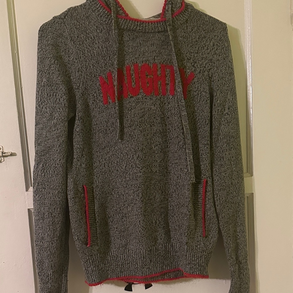 Victoria's Secret Gray Knit Crewneck Sweater with Red 'NAUGHTY' Lettering
